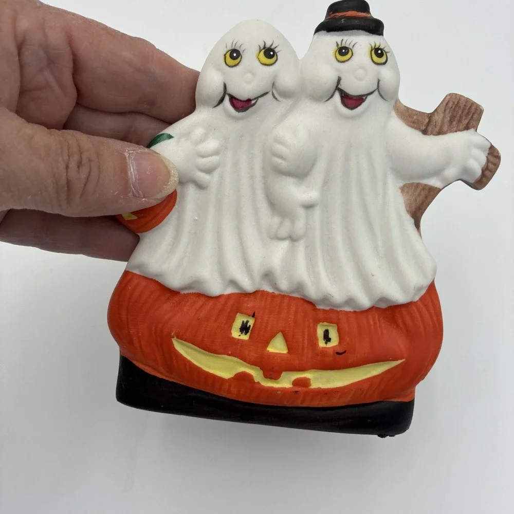 Halloween Ghost Couple Jack-O-Lantern Ceramic Tea Light Candle Holder Figurine